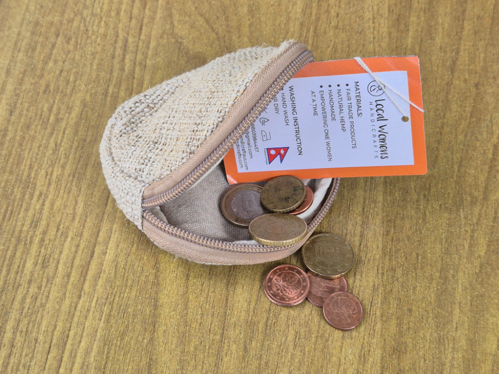 Preview: Runder Münzbeutel aus Hanfgewebe | Handgefertigt von Local Women’s Handicraft (LWH), Nepal